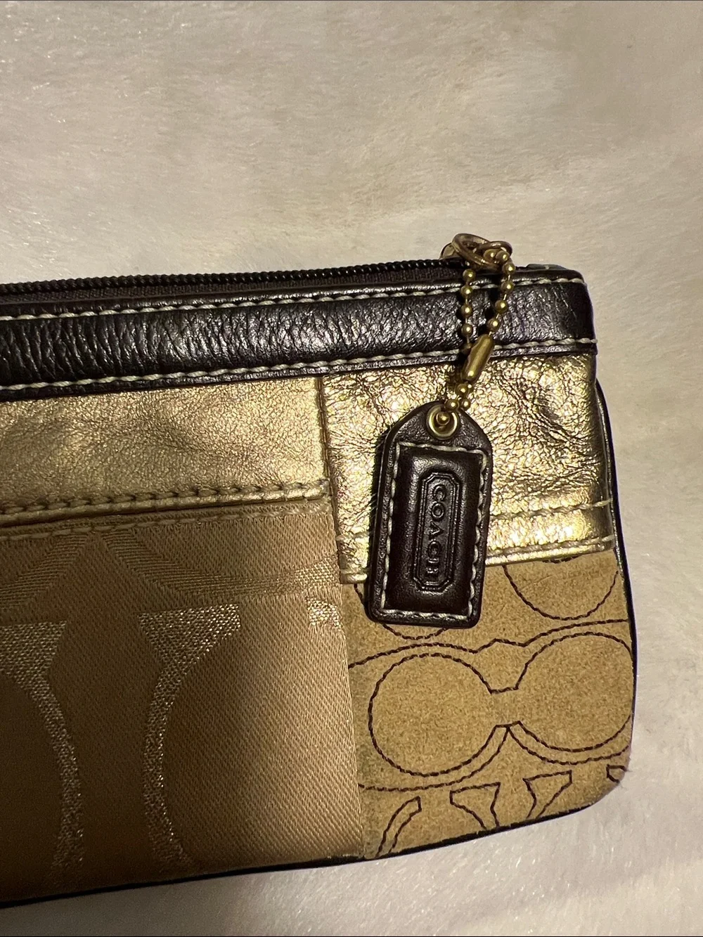 Coach Gold and Tan Patchwork Signature Wristlet